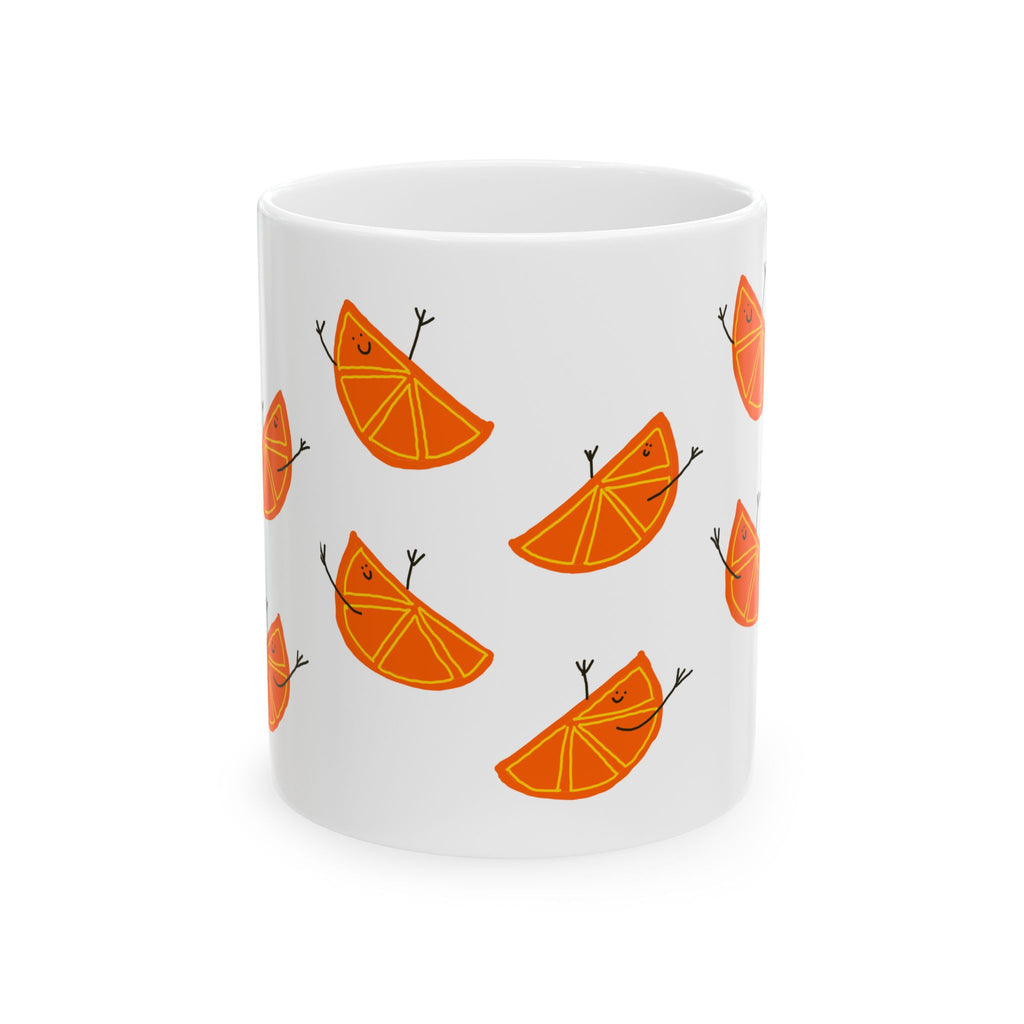 Happy Orange Slice Pattern Ceramic Mug — Cute Dancing Citrus Design (11oz & 15oz)