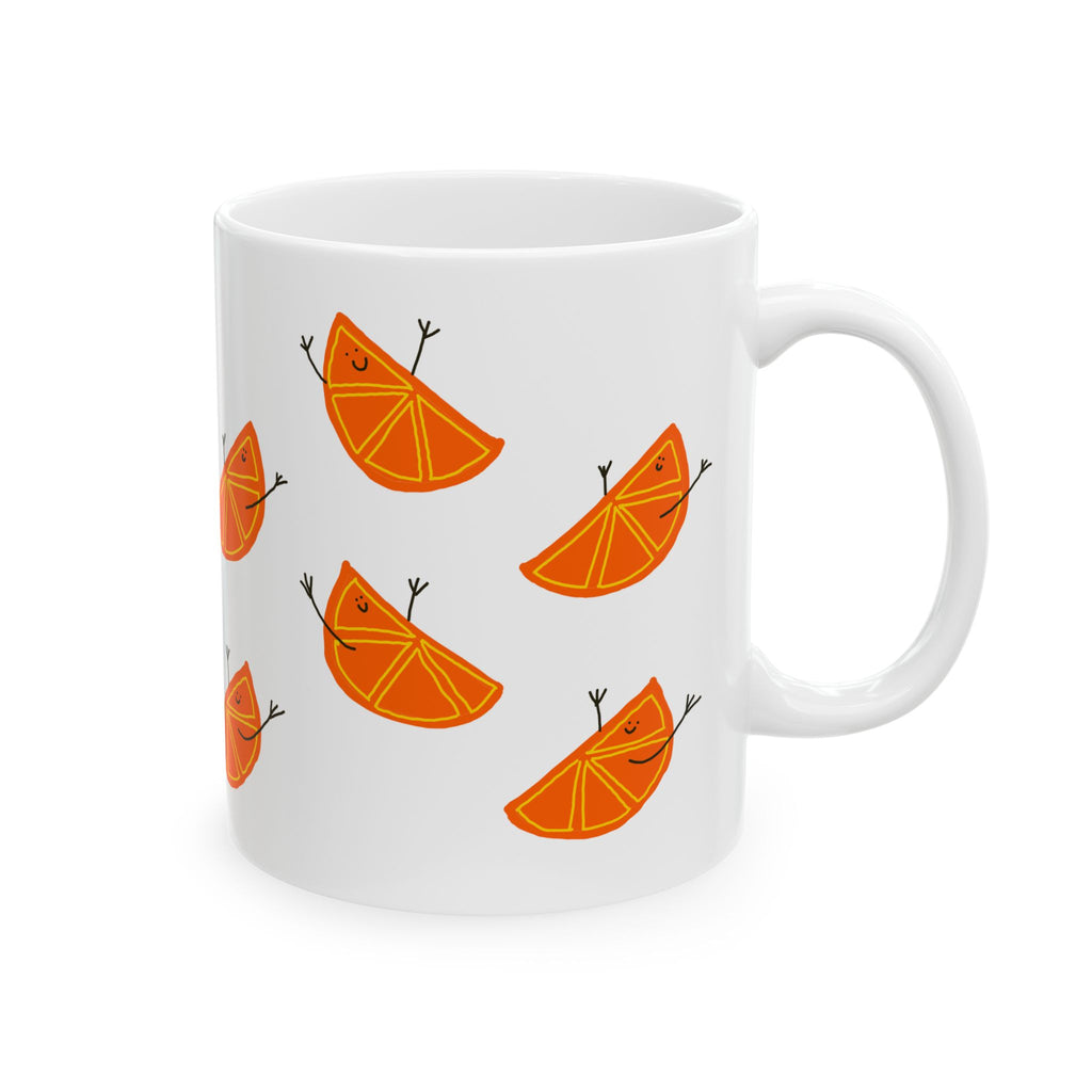 Happy Orange Slice Pattern Ceramic Mug — Cute Dancing Citrus Design (11oz & 15oz)