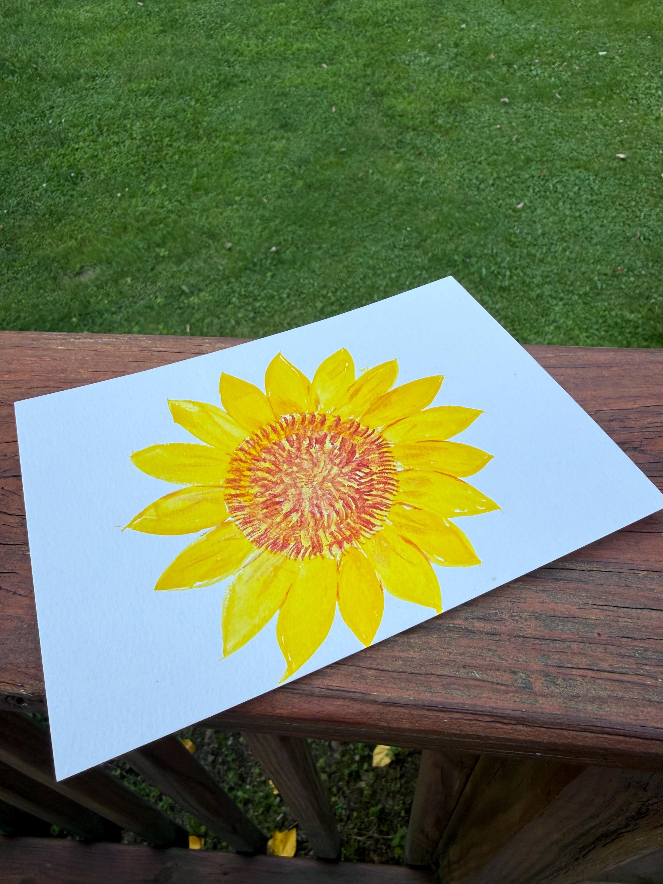 Hand-Painted Sunflower Watercolor Card, 5x7 Original Floral Art (Blank Back)