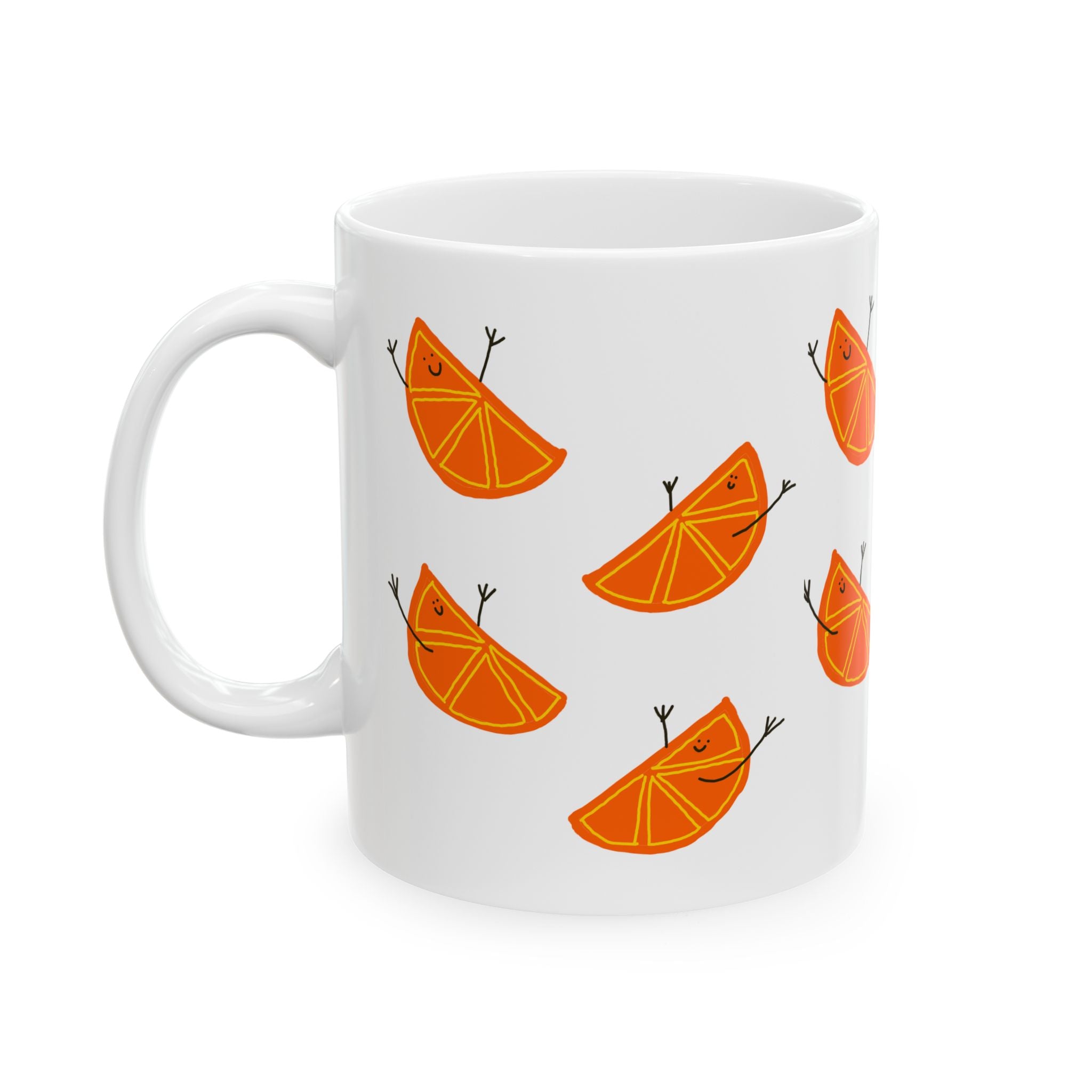 Happy Orange Slice Pattern Ceramic Mug — Cute Dancing Citrus Design (11oz & 15oz)
