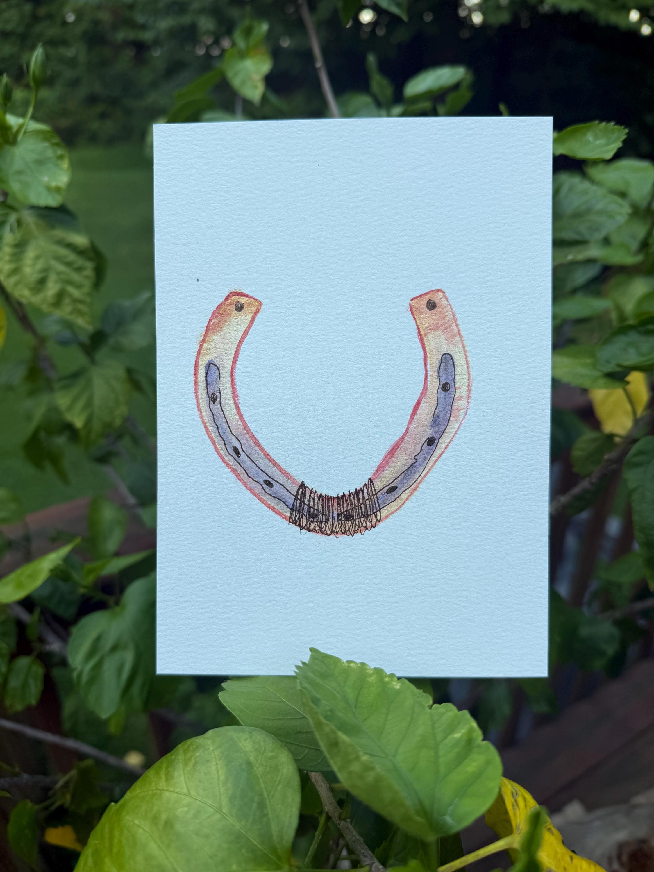 Hand Painted Horseshoe Watercolor Card, 5x7 Equestrian Art, Blank Greeting Card