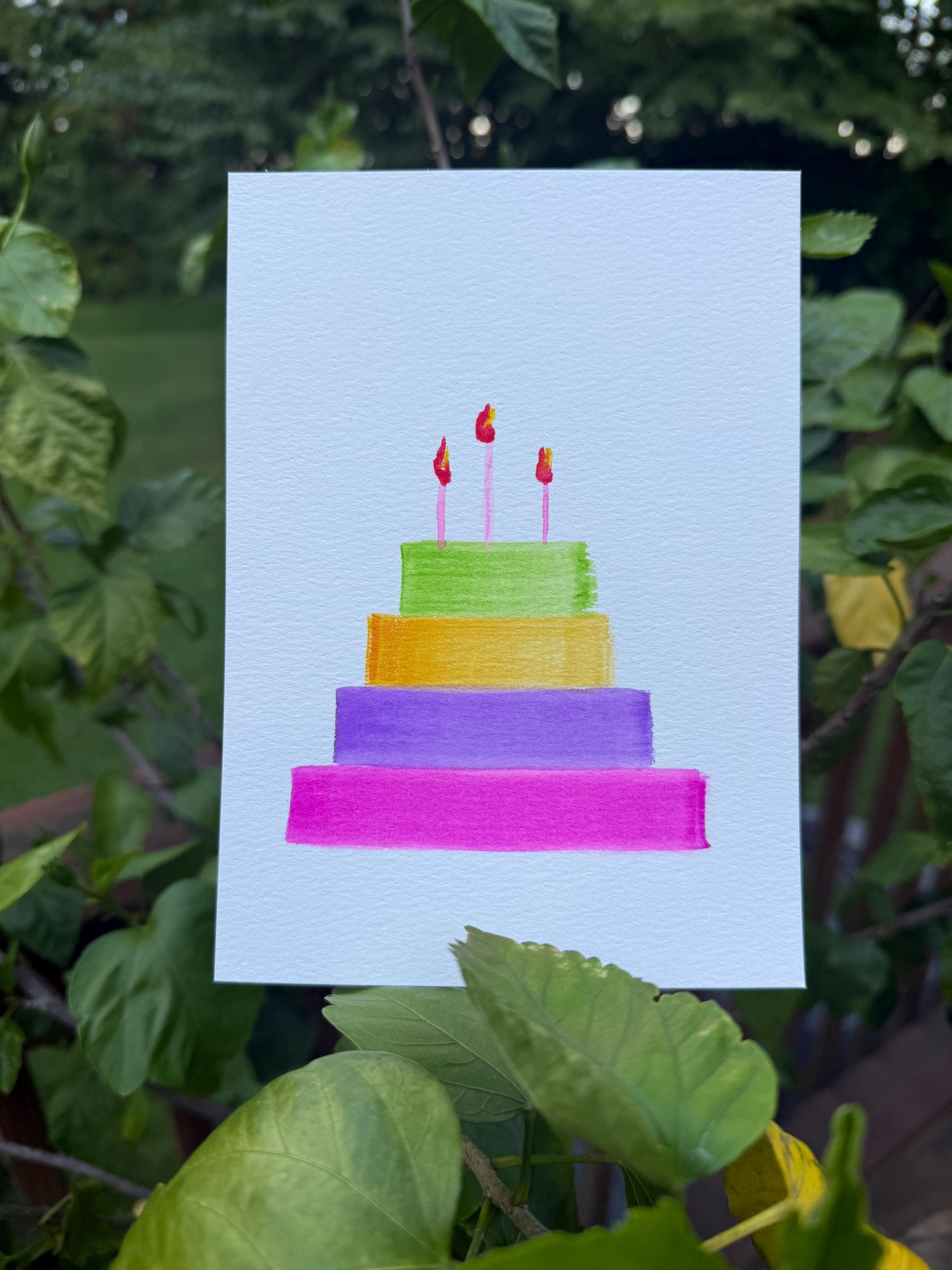Hand-Painted Watercolor Birthday Cake Card, 5x7 Original Art