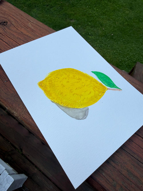 Hand Painted Lemon Watercolor Card, 5x7 Original Floral Art, Blank Message Paper